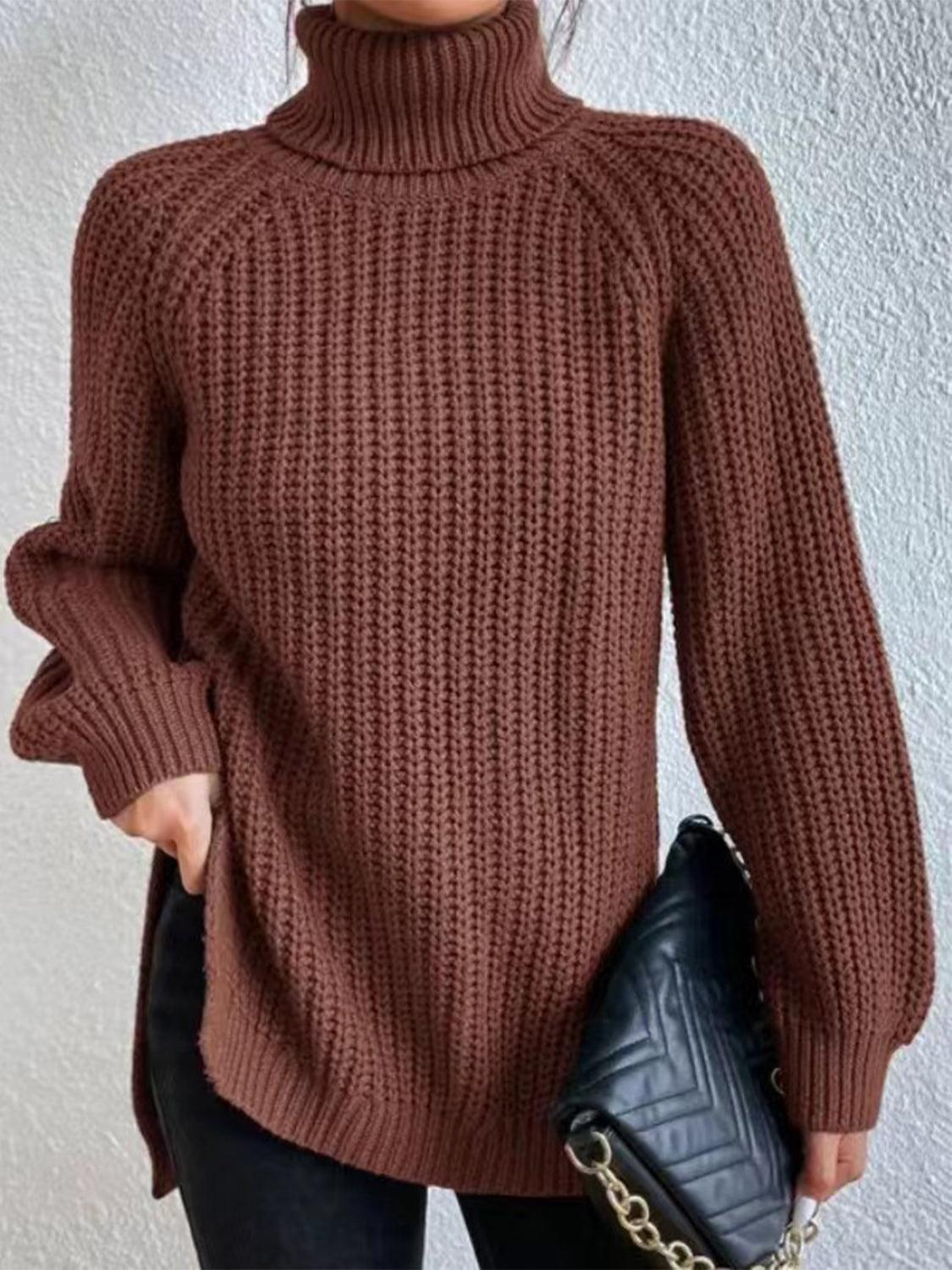 Full Size Turtleneck Slit Sweater - Lab Fashion, Home & Health