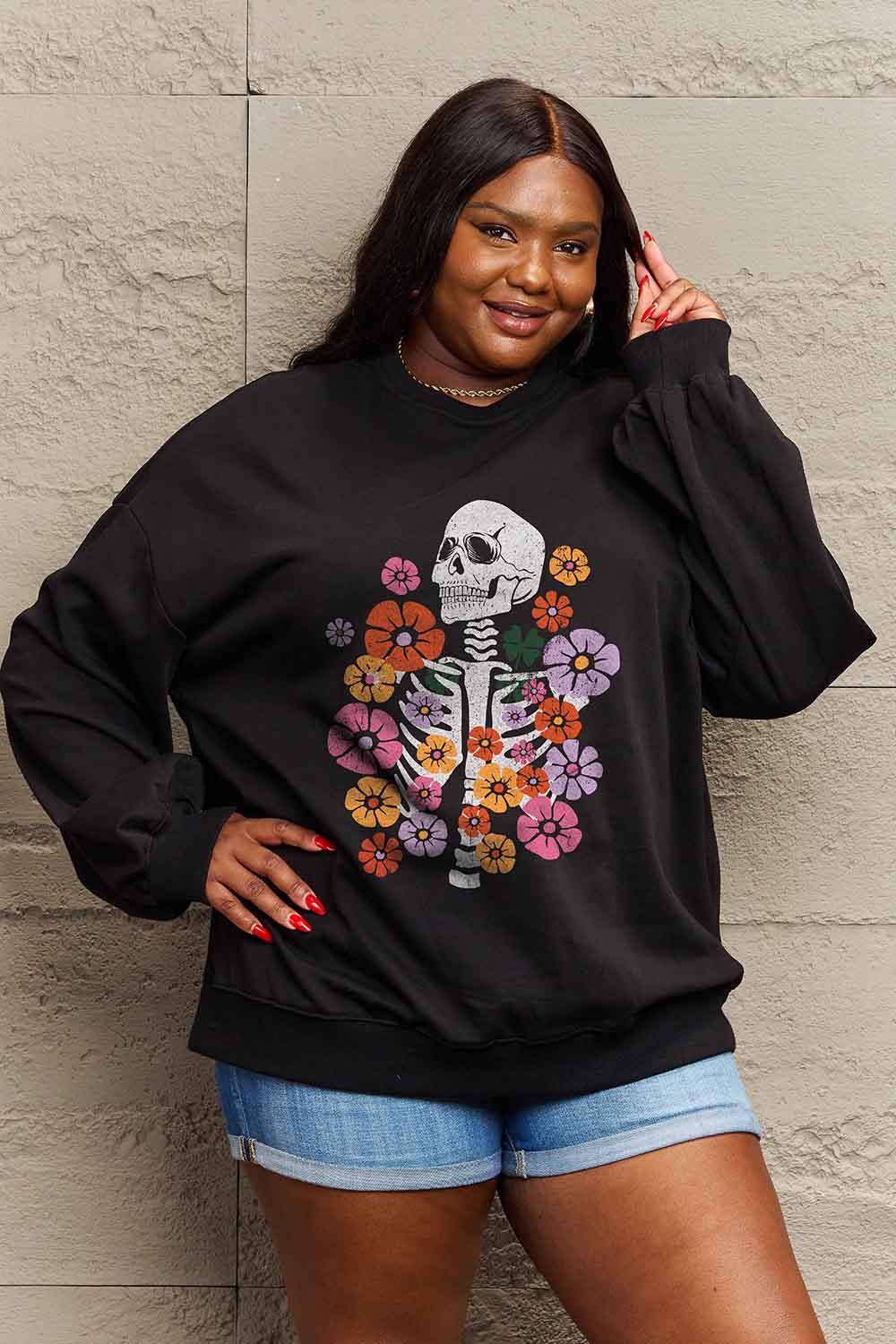 Simply Love Simply Love Full Size Flower Skeleton Graphic Sweatshirt - Lab Fashion, Home & Health