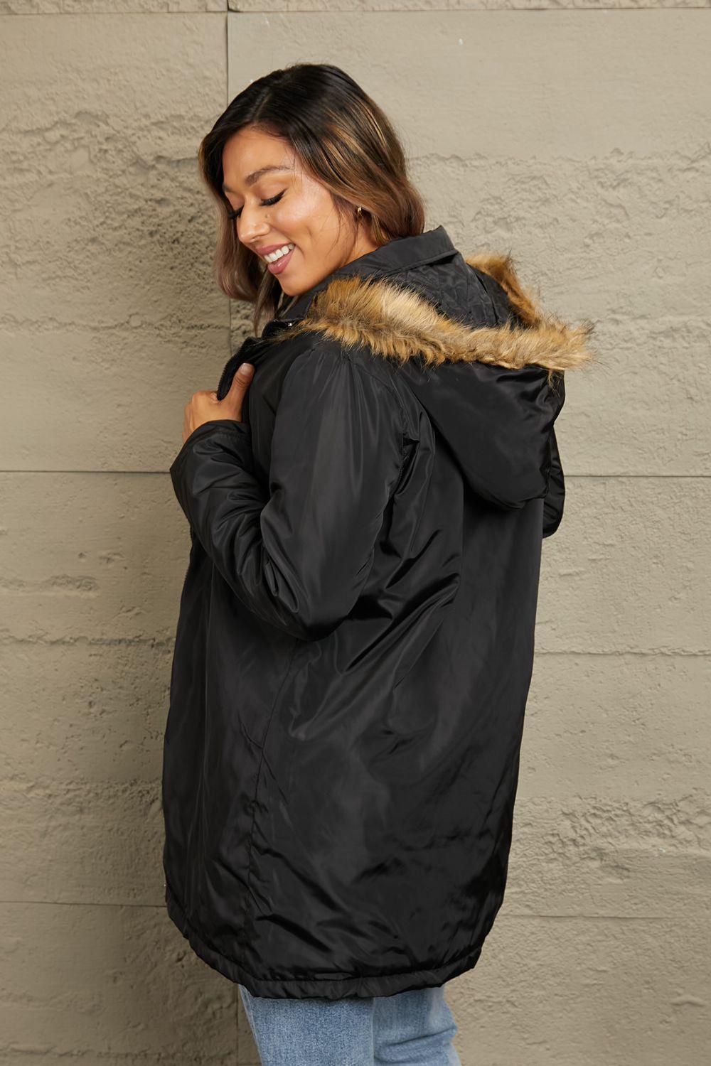 Double Take Faux Fur Trim Hooded Puffer Jacket - Lab Fashion, Home & Health