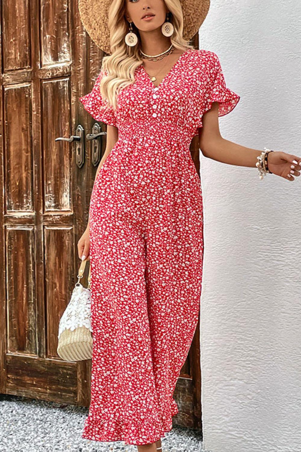 Printed Tie Back Ruffled Jumpsuit - Lab Fashion, Home & Health