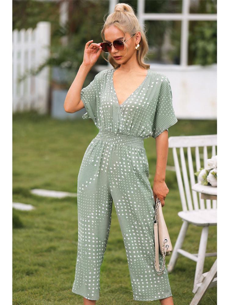 Polka Dot Surplice Neck Jumpsuit with Pockets - Lab Fashion, Home & Health