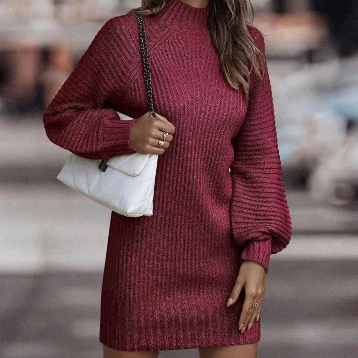Mock Neck Lantern Sleeve Sweater Dress - Lab Fashion, Home & Health