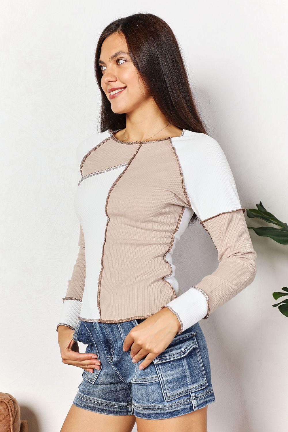 Double Take Color Block Exposed Seam Top - Lab Fashion, Home & Health