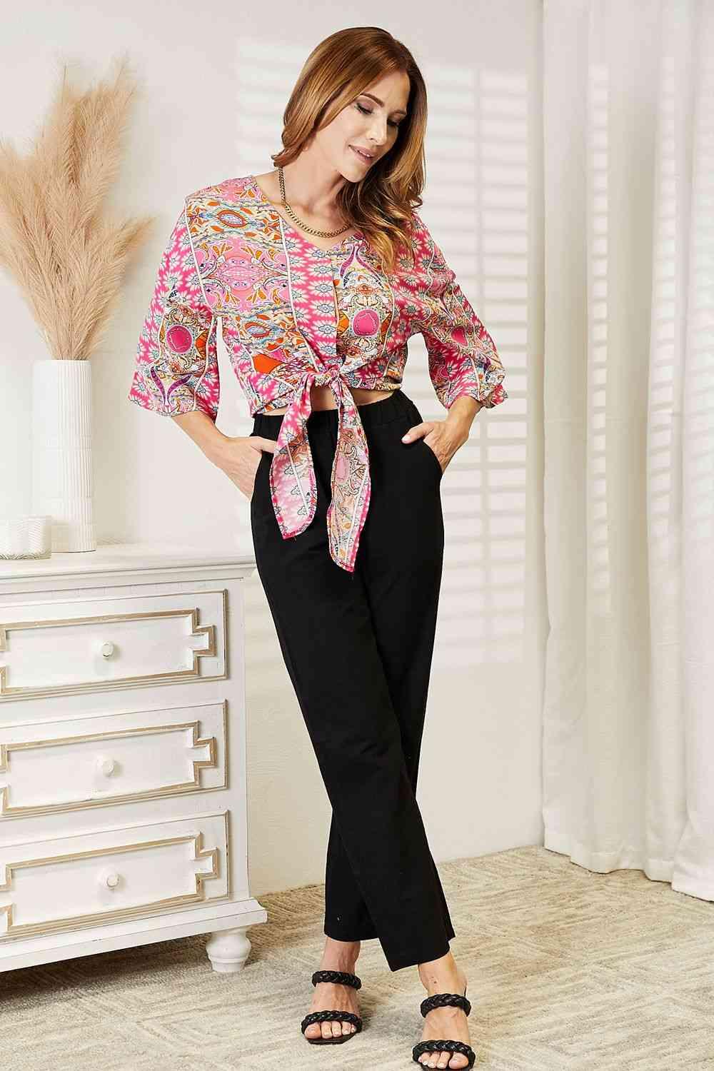 Double Take Tie Hem V-Neck Three-Quarter Sleeve Blouse - Lab Fashion, Home & Health