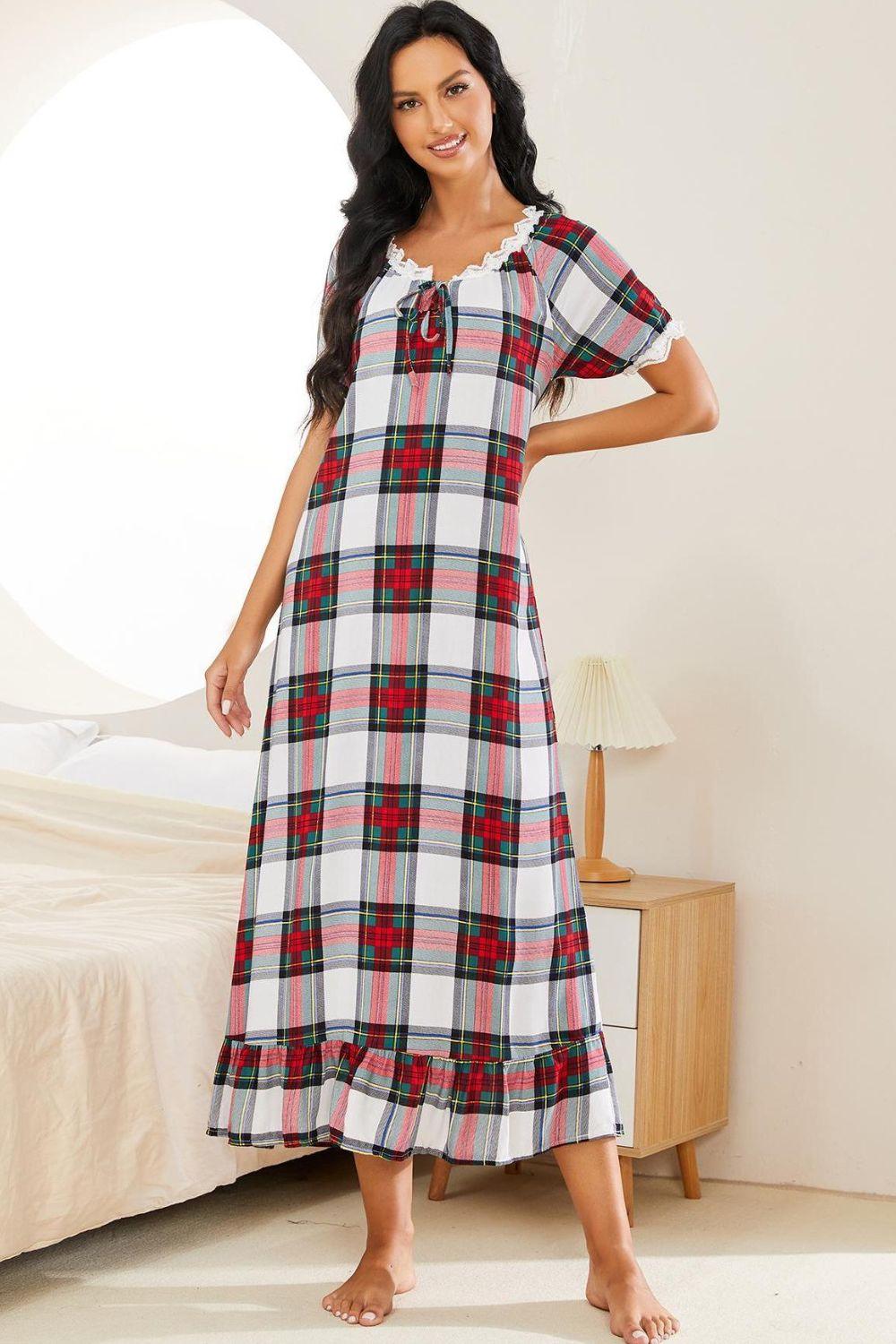 Plaid Lace Trim Ruffle Hem Night Dress - Lab Fashion, Home & Health