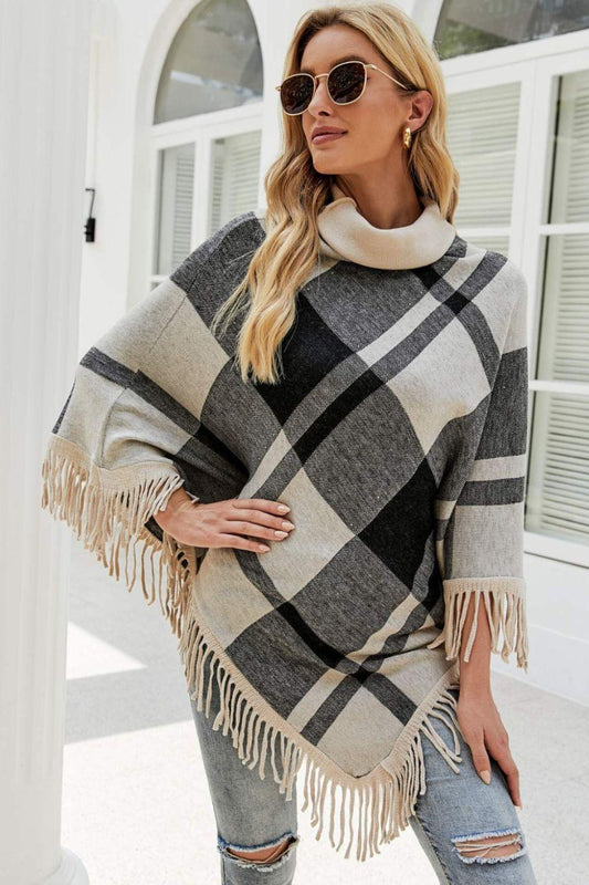 Plaid Turtleneck Fringe Hem Poncho - Lab Fashion, Home & Health