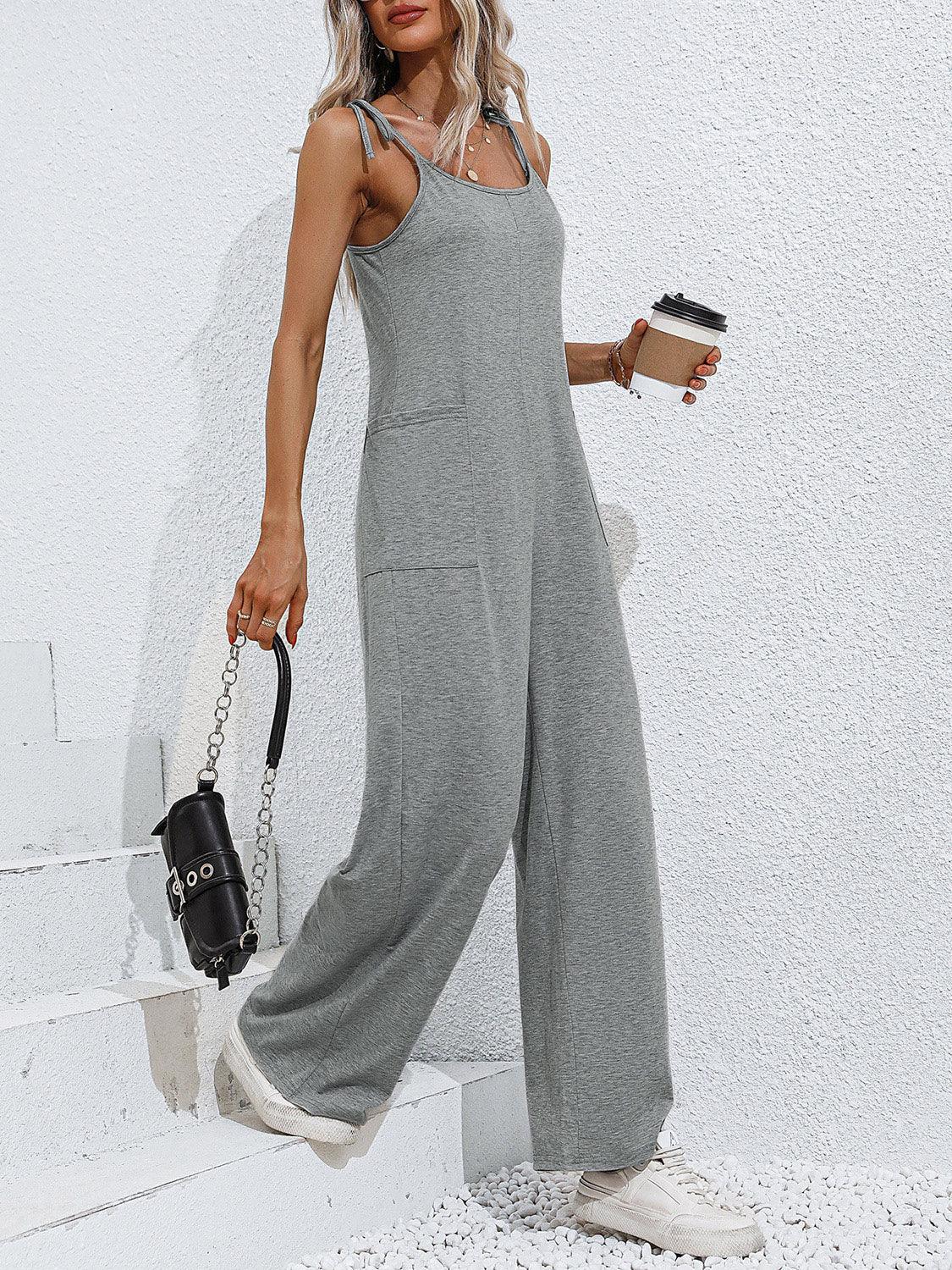 Tie-Shoulder Wide Leg Jumpsuit with Pockets - Lab Fashion, Home & Health