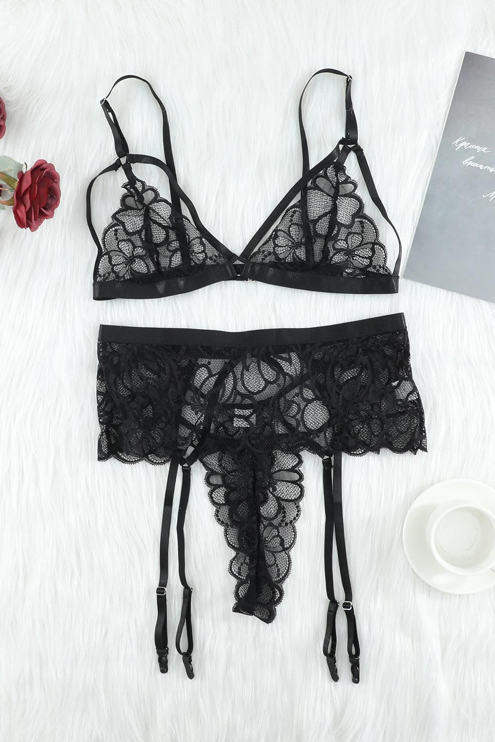 Strappy Three-Piece Lace Lingerie Set - Lab Fashion, Home & Health