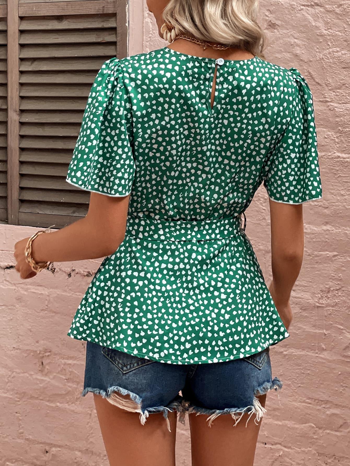 Heart Print Puff Sleeve Blouse - Lab Fashion, Home & Health