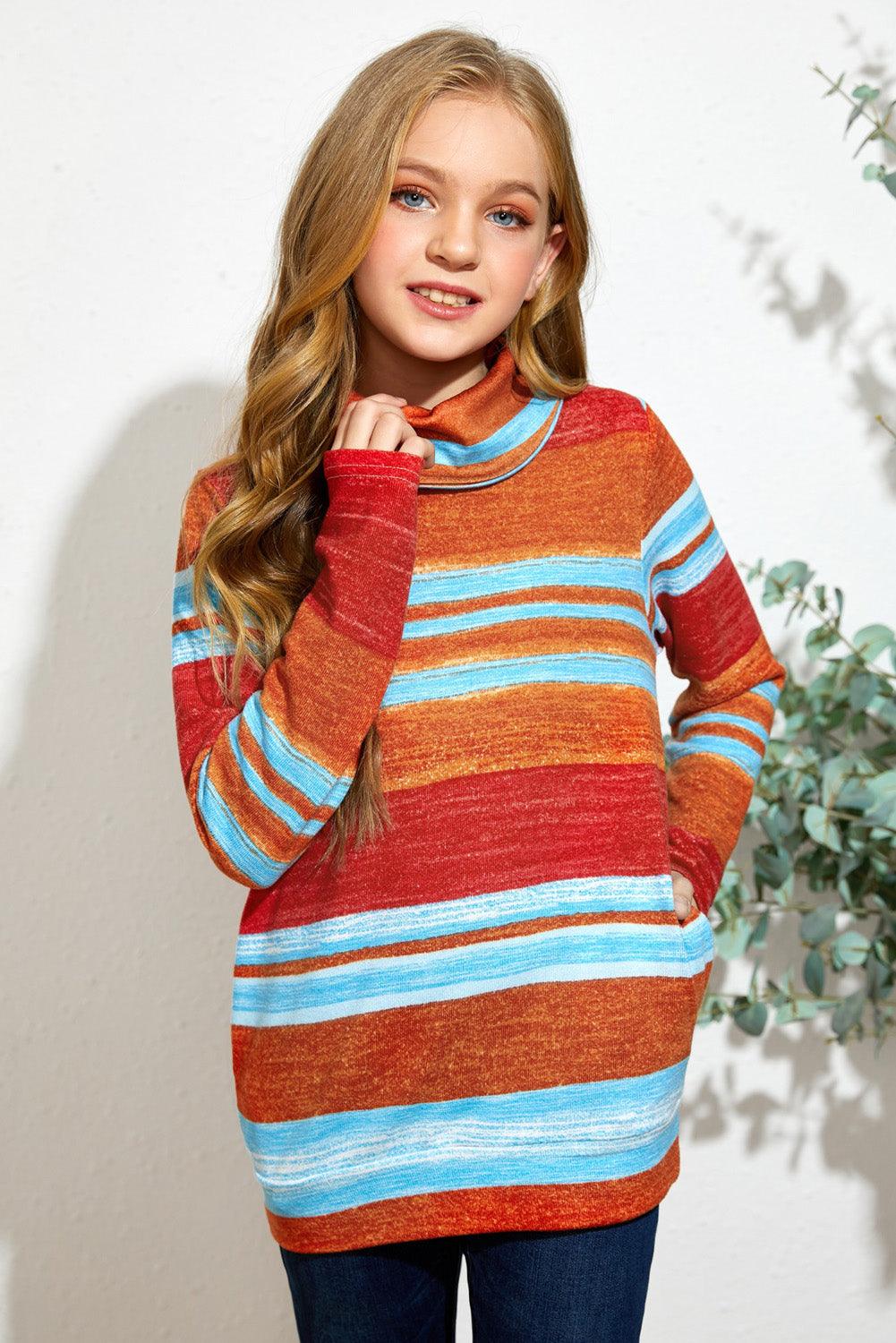 Girls Striped Cowl Neck Top with Pockets - Lab Fashion, Home & Health