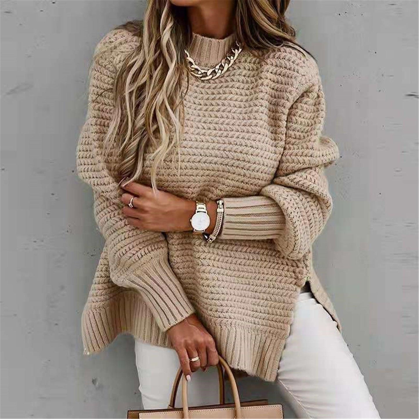 Round Neck Slit Sweater - Lab Fashion, Home & Health