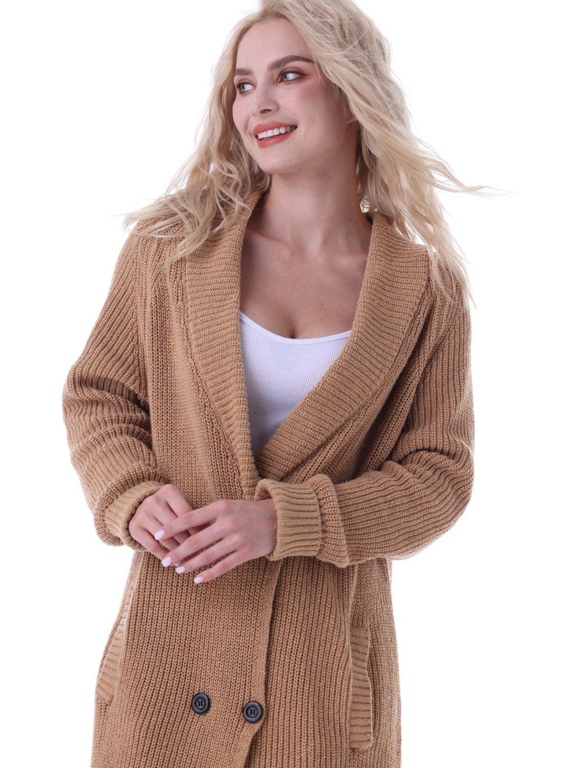 Double-Breasted Longline Cardigan with Pockets - Lab Fashion, Home & Health