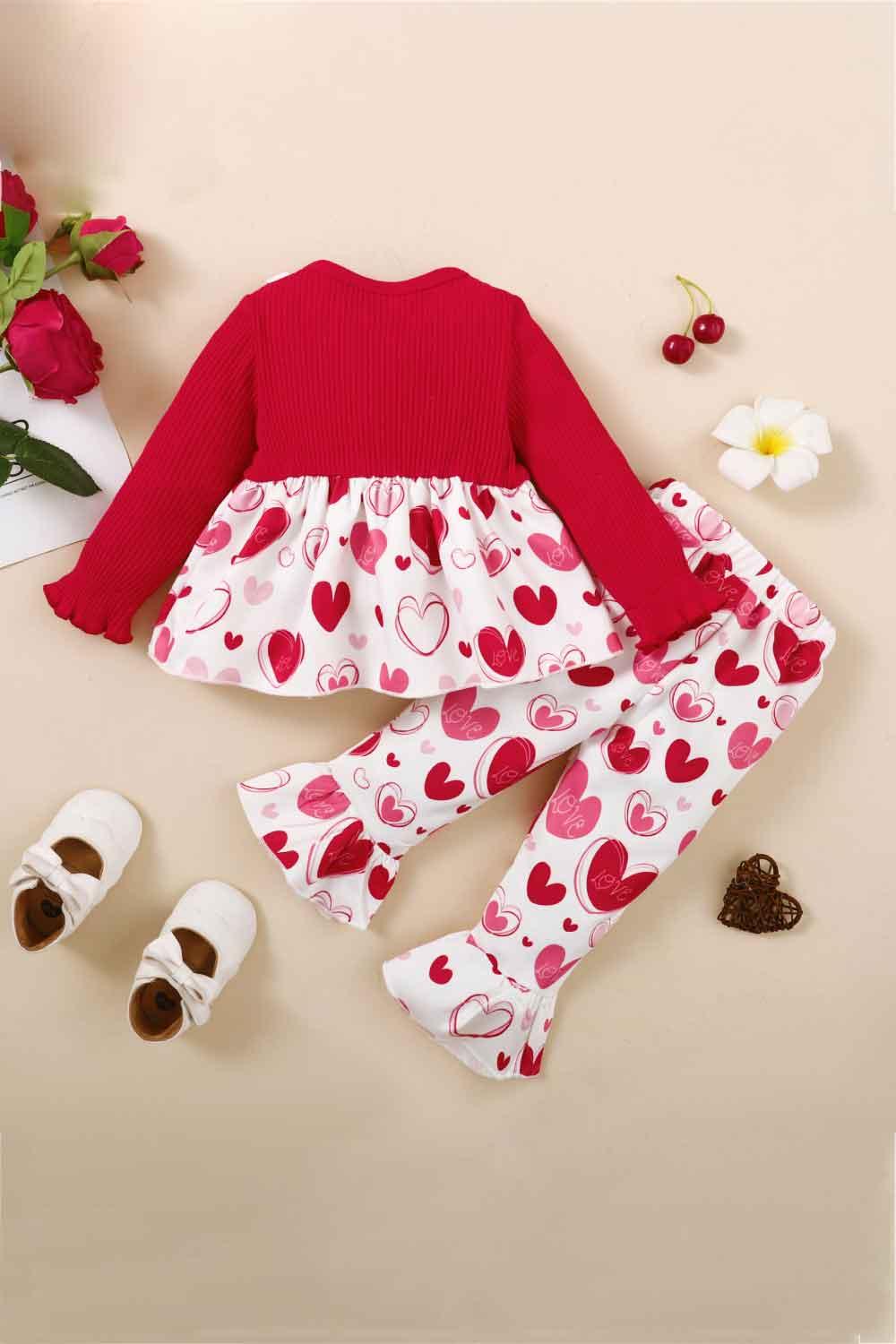 Girls Heart Print Bow Detail Sweater and Flare Pants Set - Lab Fashion, Home & Health