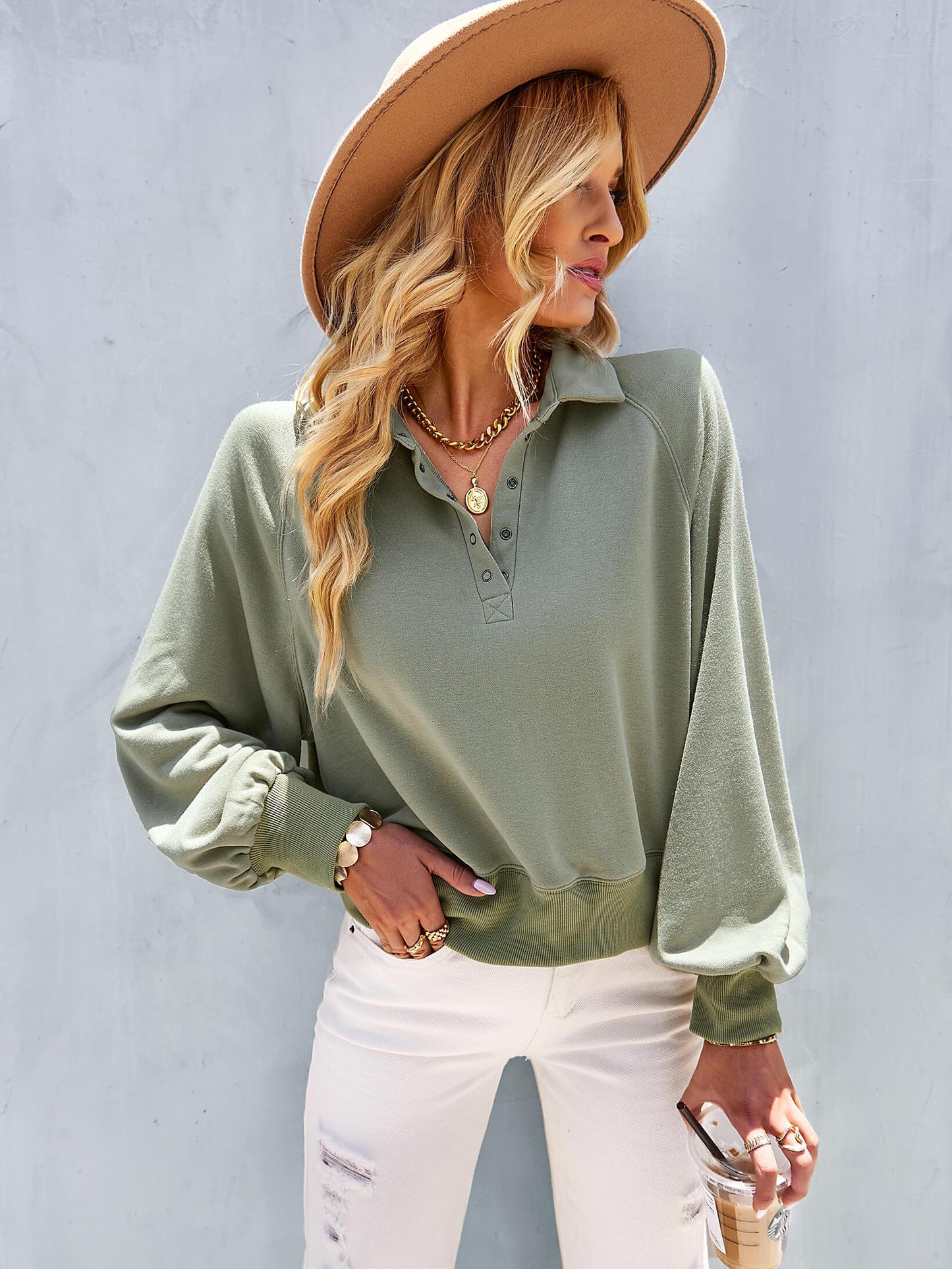 Quarter-Snap Collared Raglan Sleeve Sweatshirt - Lab Fashion, Home & Health
