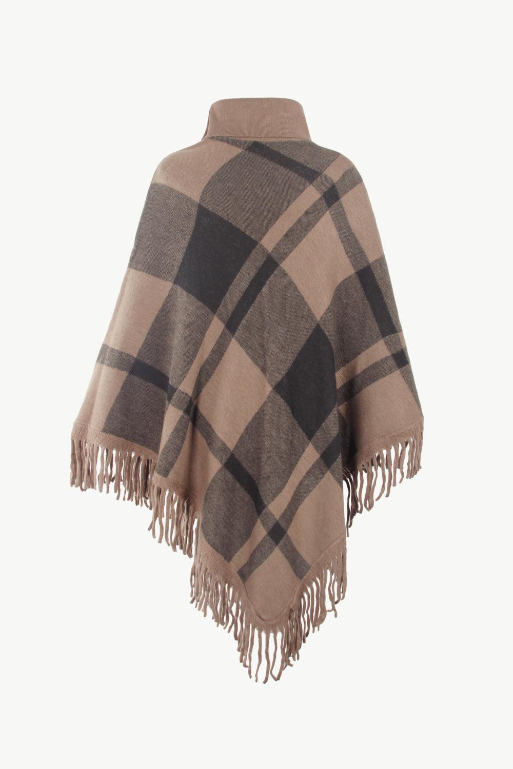 Plaid Turtleneck Fringe Hem Poncho - Lab Fashion, Home & Health