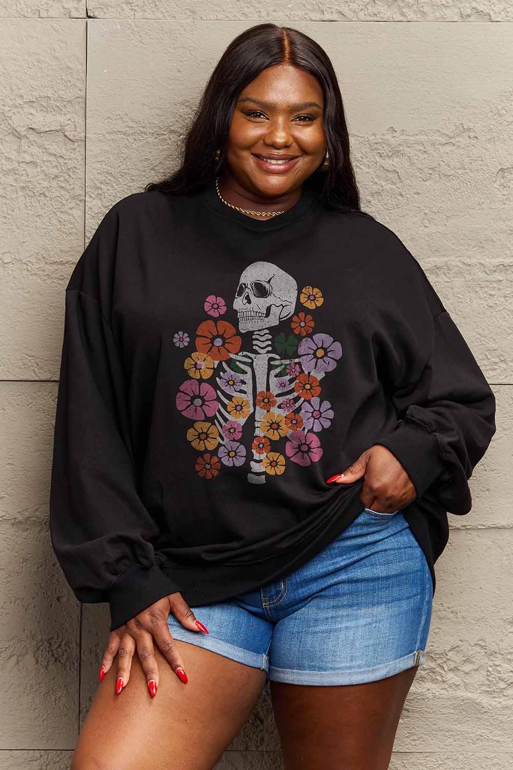 Simply Love Simply Love Full Size Flower Skeleton Graphic Sweatshirt - Lab Fashion, Home & Health