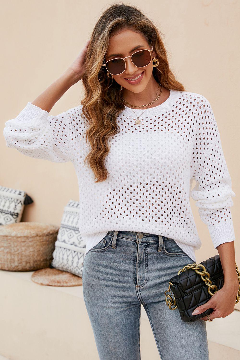 Round Neck Openwork Dropped Shoulder Knit Top - Lab Fashion, Home & Health