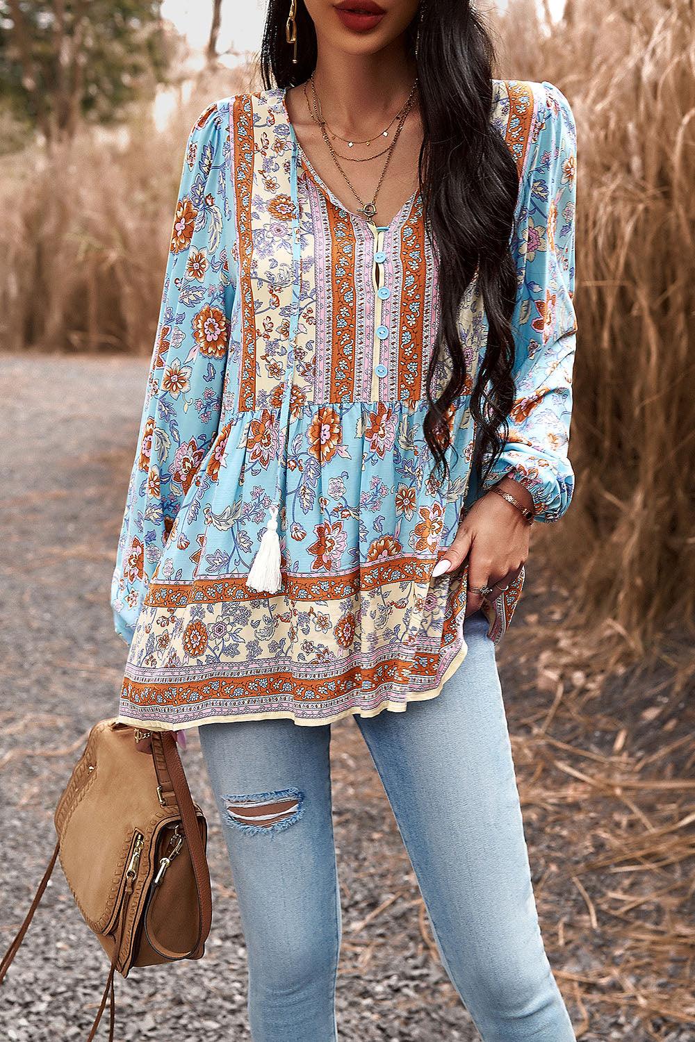 Tassel Tie Long Sleeve Peplum Blouse - Lab Fashion, Home & Health