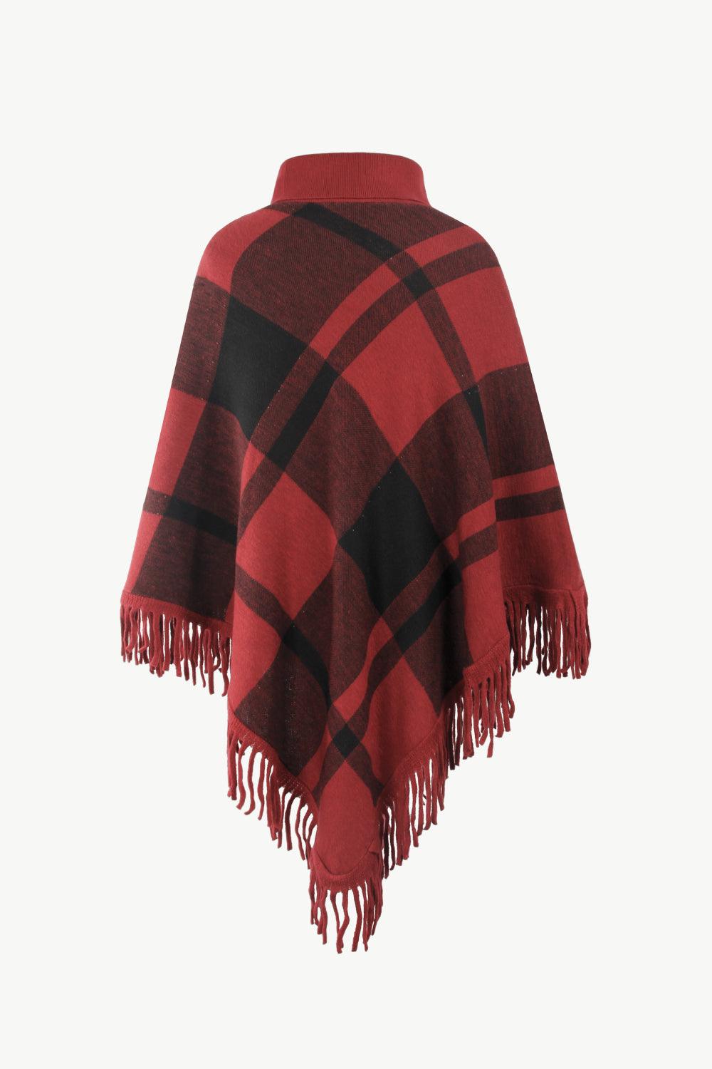 Plaid Turtleneck Fringe Hem Poncho - Lab Fashion, Home & Health