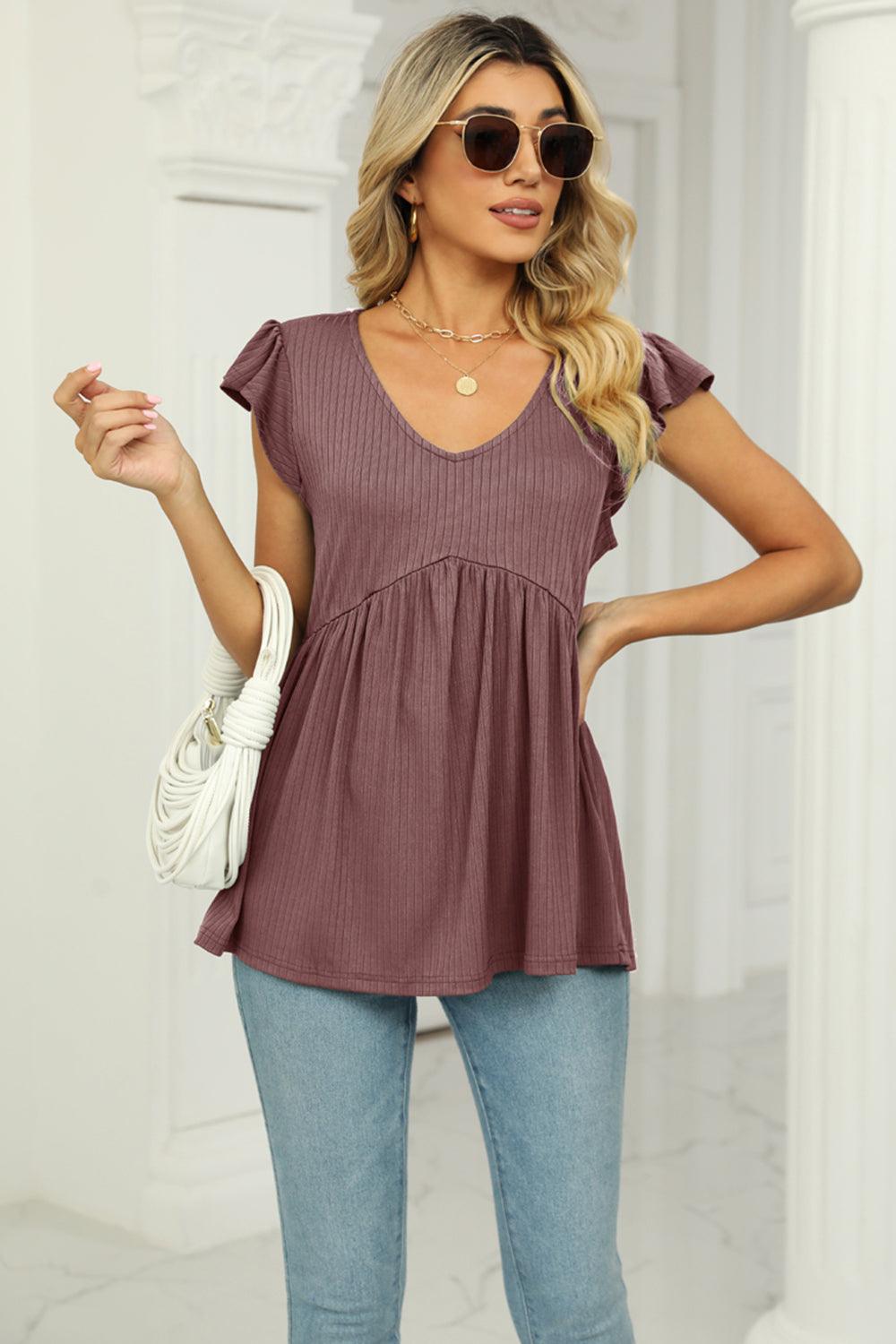 V-Neck Flutter Sleeve Babydoll Blouse - Lab Fashion, Home & Health