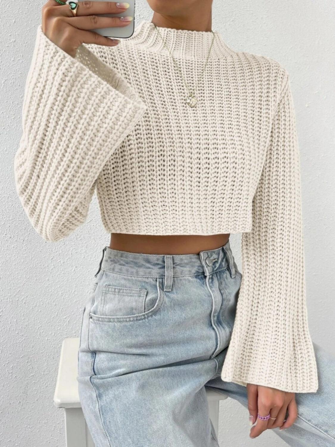 Mock Neck Long Sleeve Cropped Sweater - Lab Fashion, Home & Health