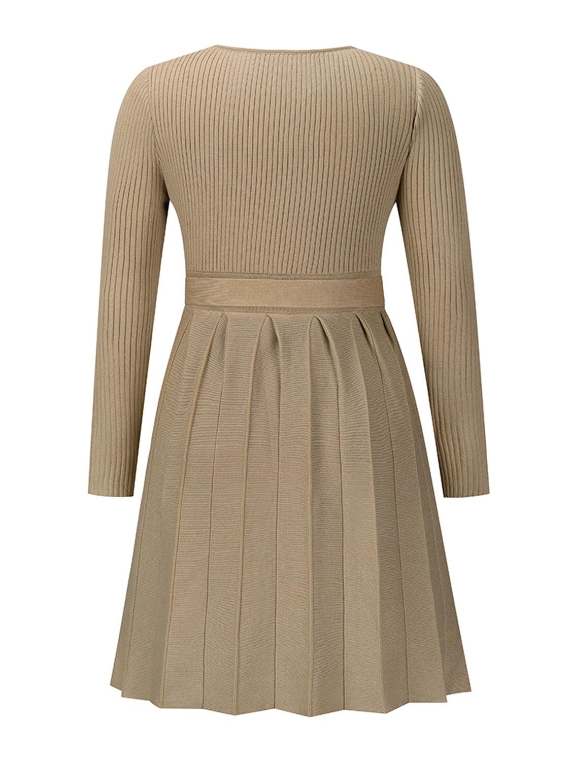 Surplice Neck Tie Front Pleated Sweater Dress - Lab Fashion, Home & Health