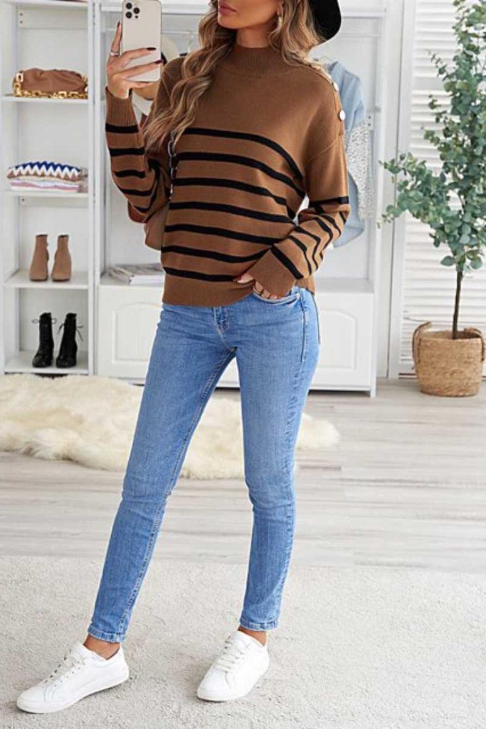 Striped Shoulder Detail Sweater - Lab Fashion, Home & Health