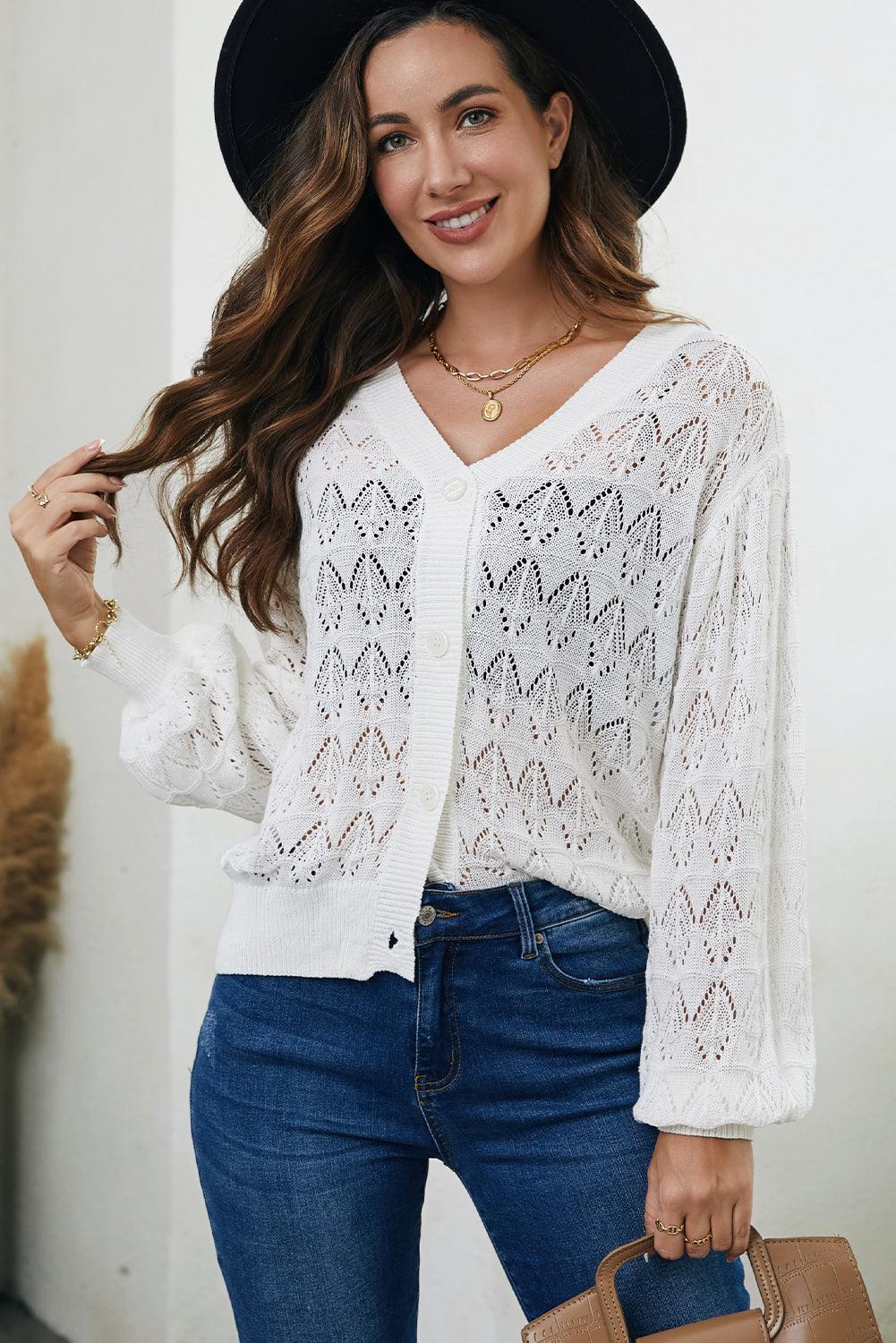 Openwork V-Neck Cardigan - Lab Fashion, Home & Health