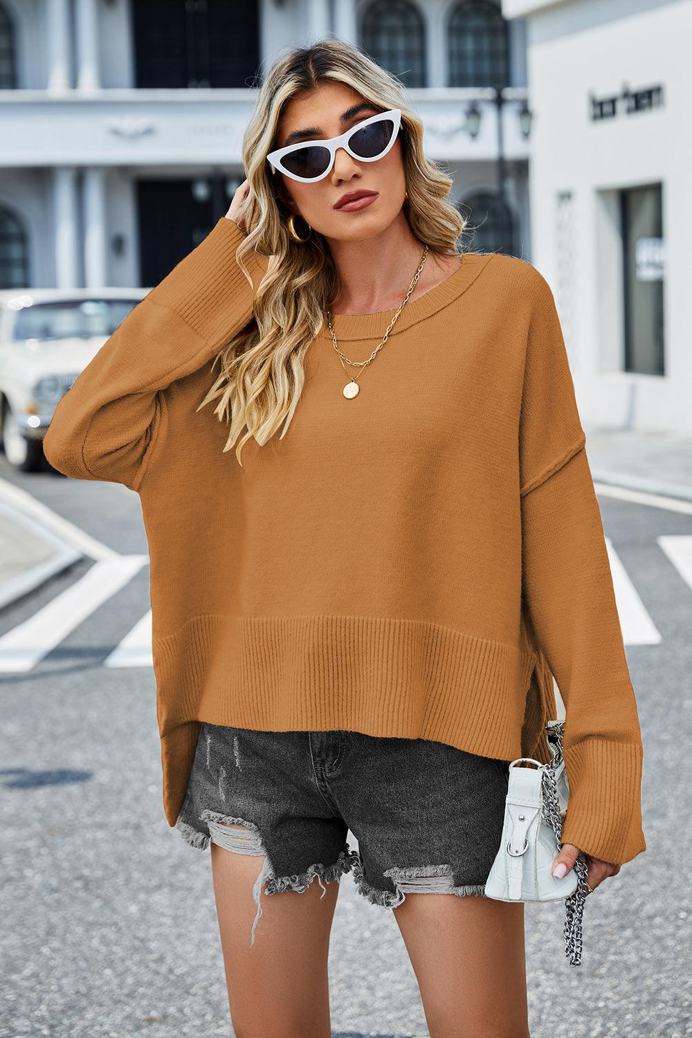 Round Neck Dropped Shoulder Slit Sweater - Lab Fashion, Home & Health