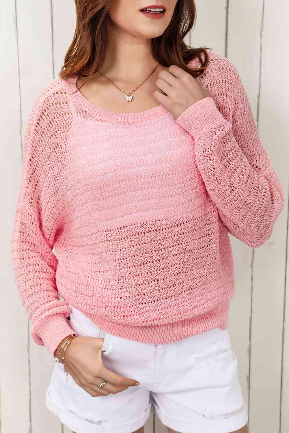 Double Take Openwork Round Neck Dropped Shoulder Knit Top - Lab Fashion, Home & Health