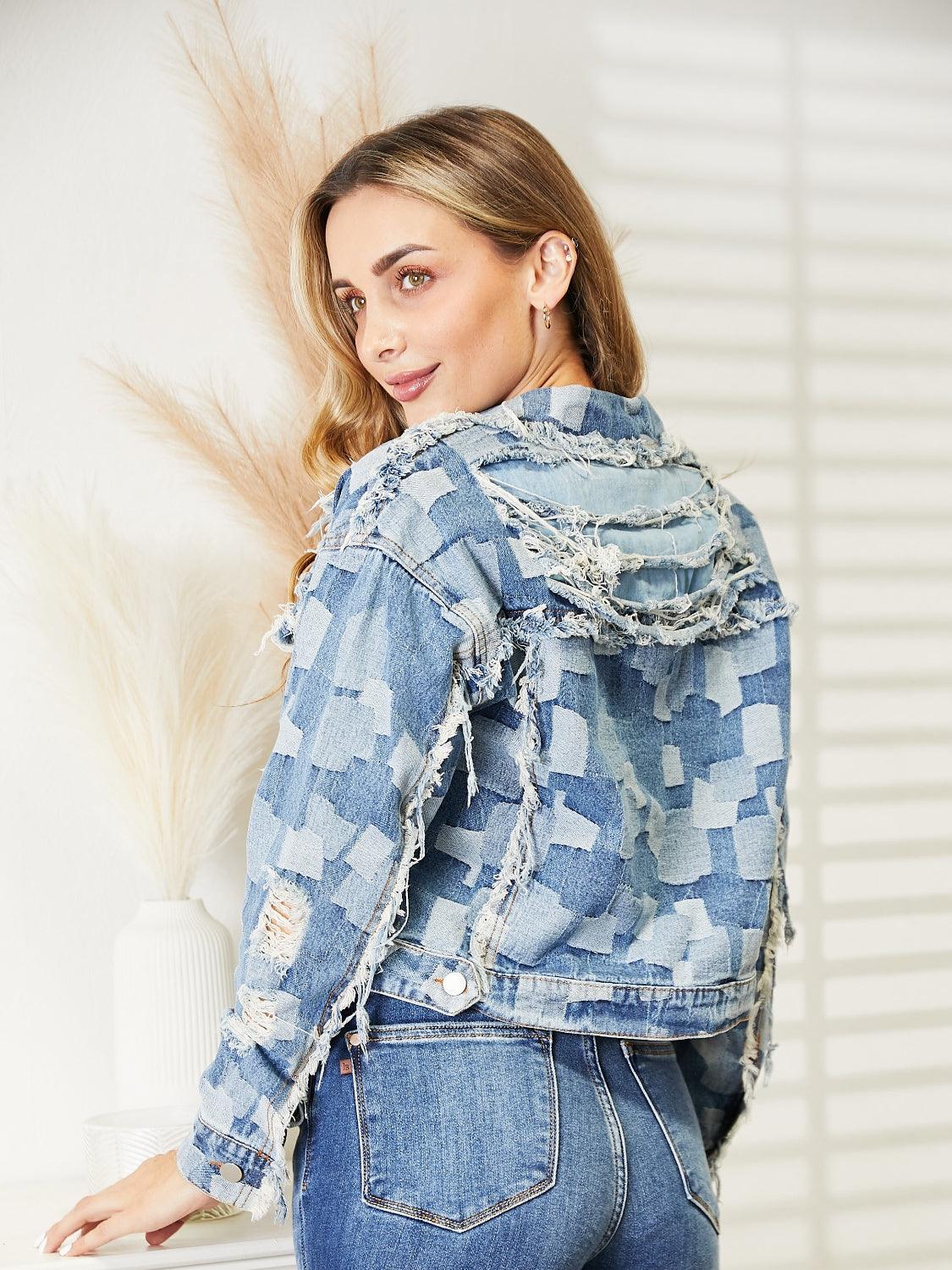 Plaid Raw Hem Dropped Shoulder Denim Jacket - Lab Fashion, Home & Health