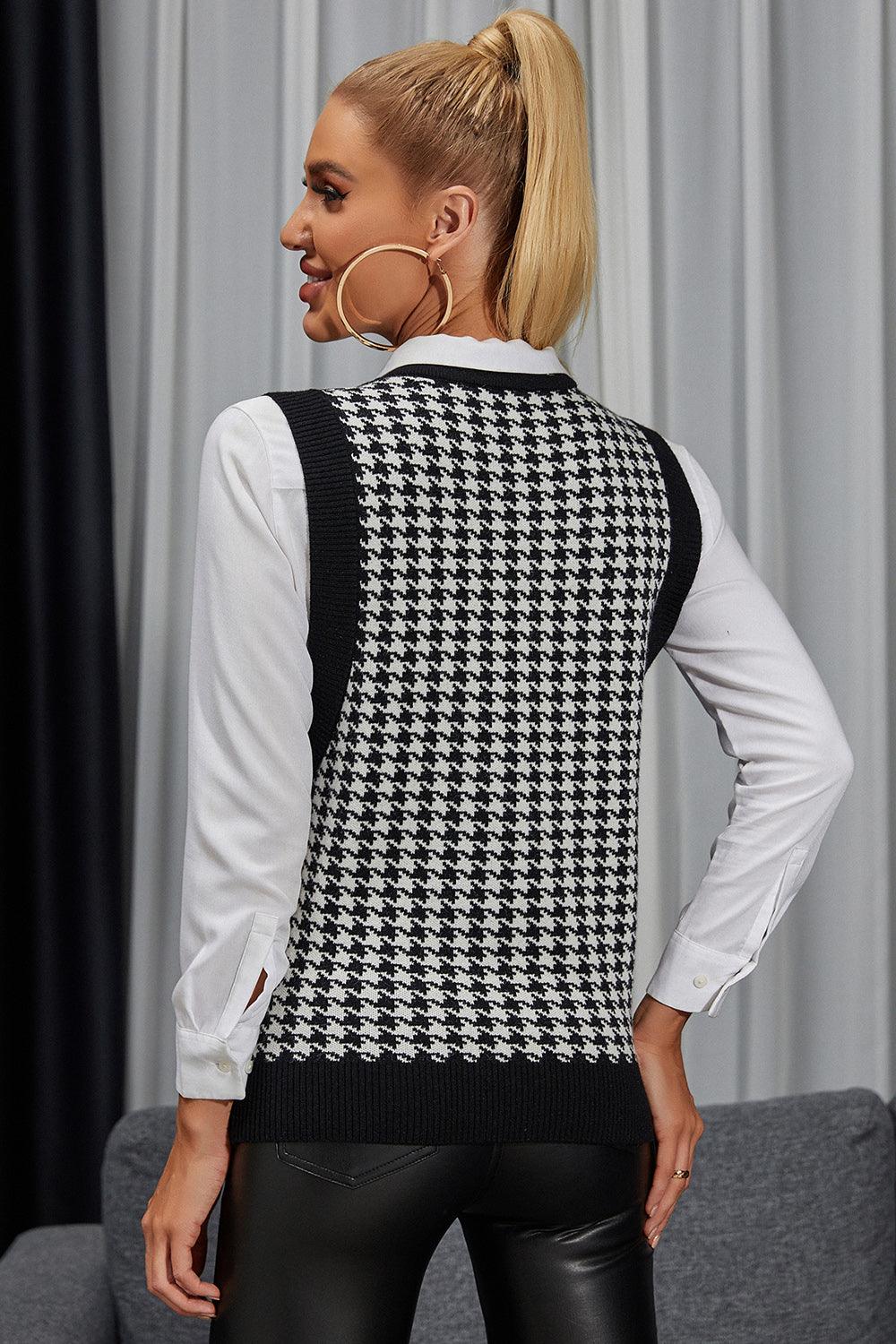 Houndstooth Round Neck Sweater Vest - Lab Fashion, Home & Health