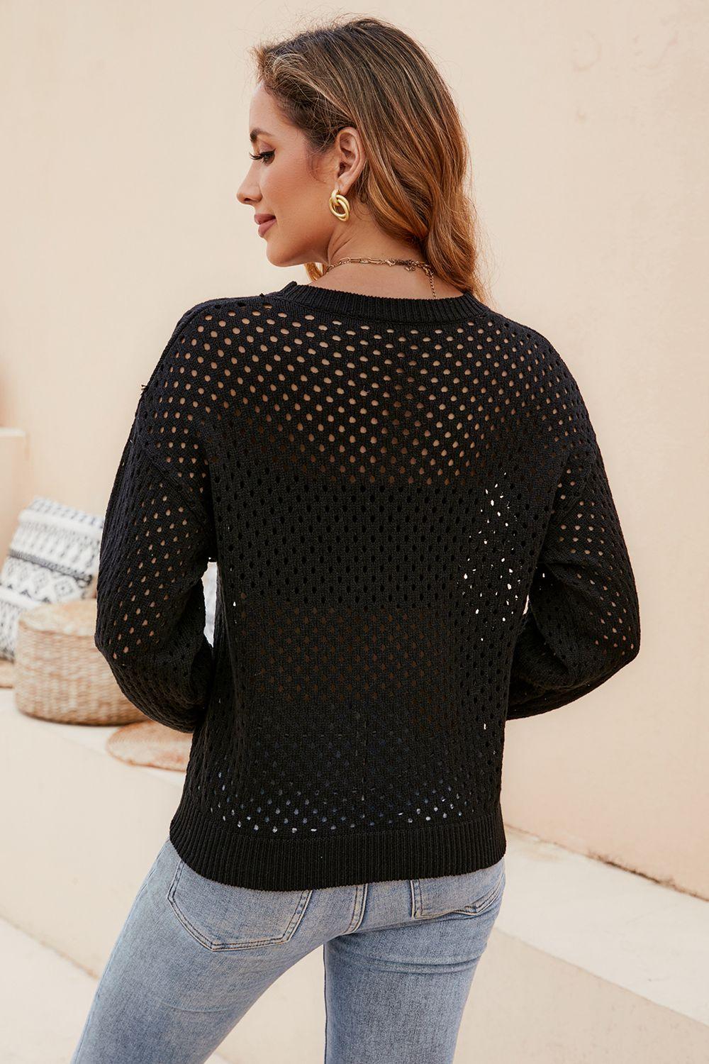 Round Neck Openwork Dropped Shoulder Knit Top - Lab Fashion, Home & Health