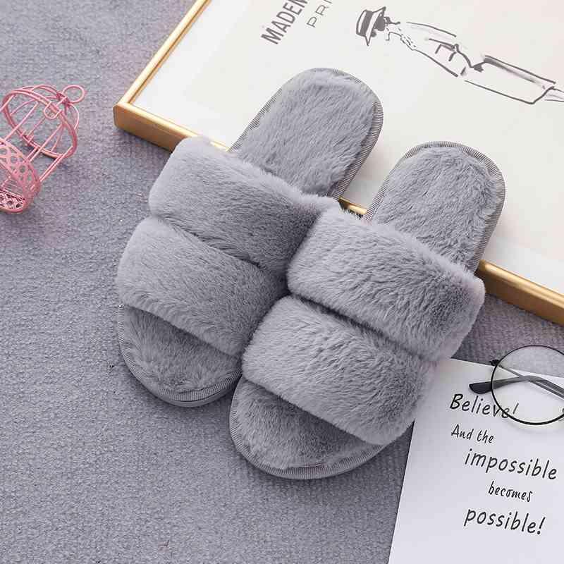Faux Fur Double Strap Slippers - Lab Fashion, Home & Health