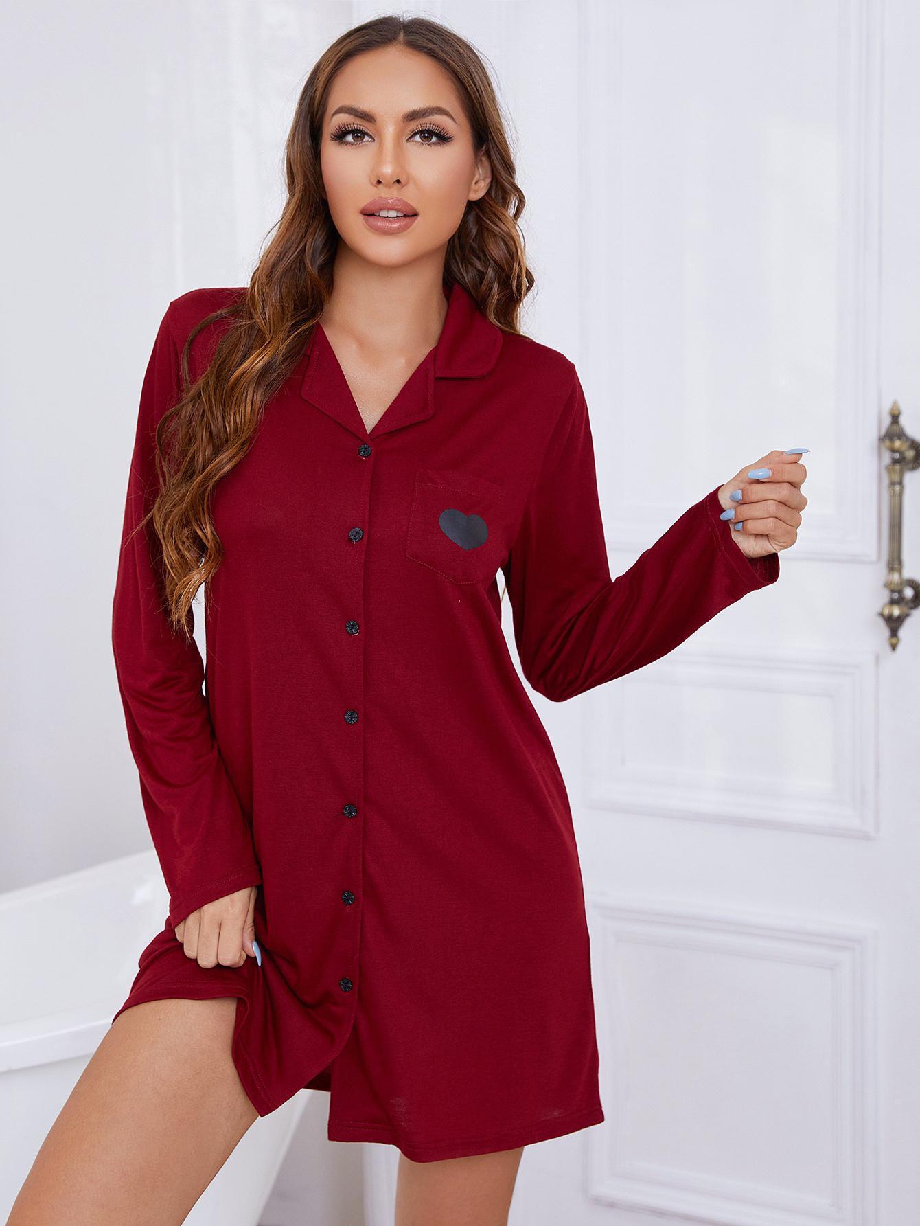 Heart Graphic Lapel Collar Long Sleeve Night Dress - Lab Fashion, Home & Health