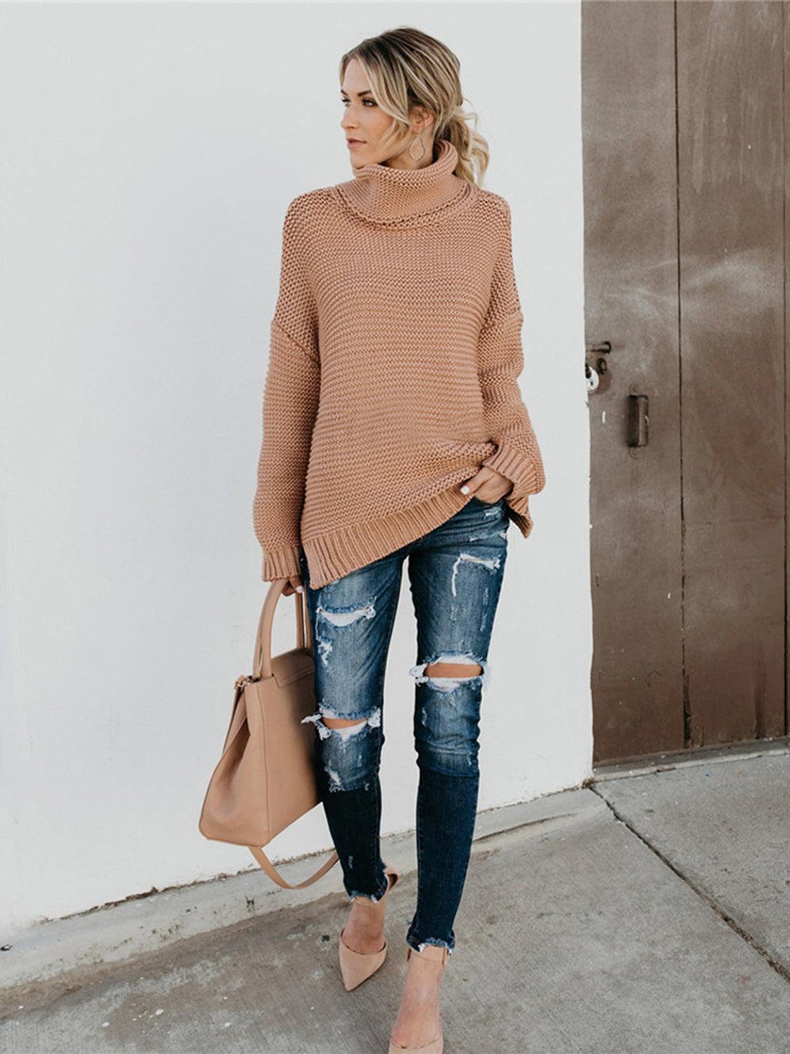 Turtleneck Dropped Shoulder Slit Sweater - Lab Fashion, Home & Health