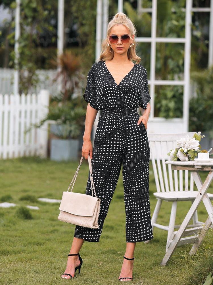 Polka Dot Surplice Neck Jumpsuit with Pockets - Lab Fashion, Home & Health