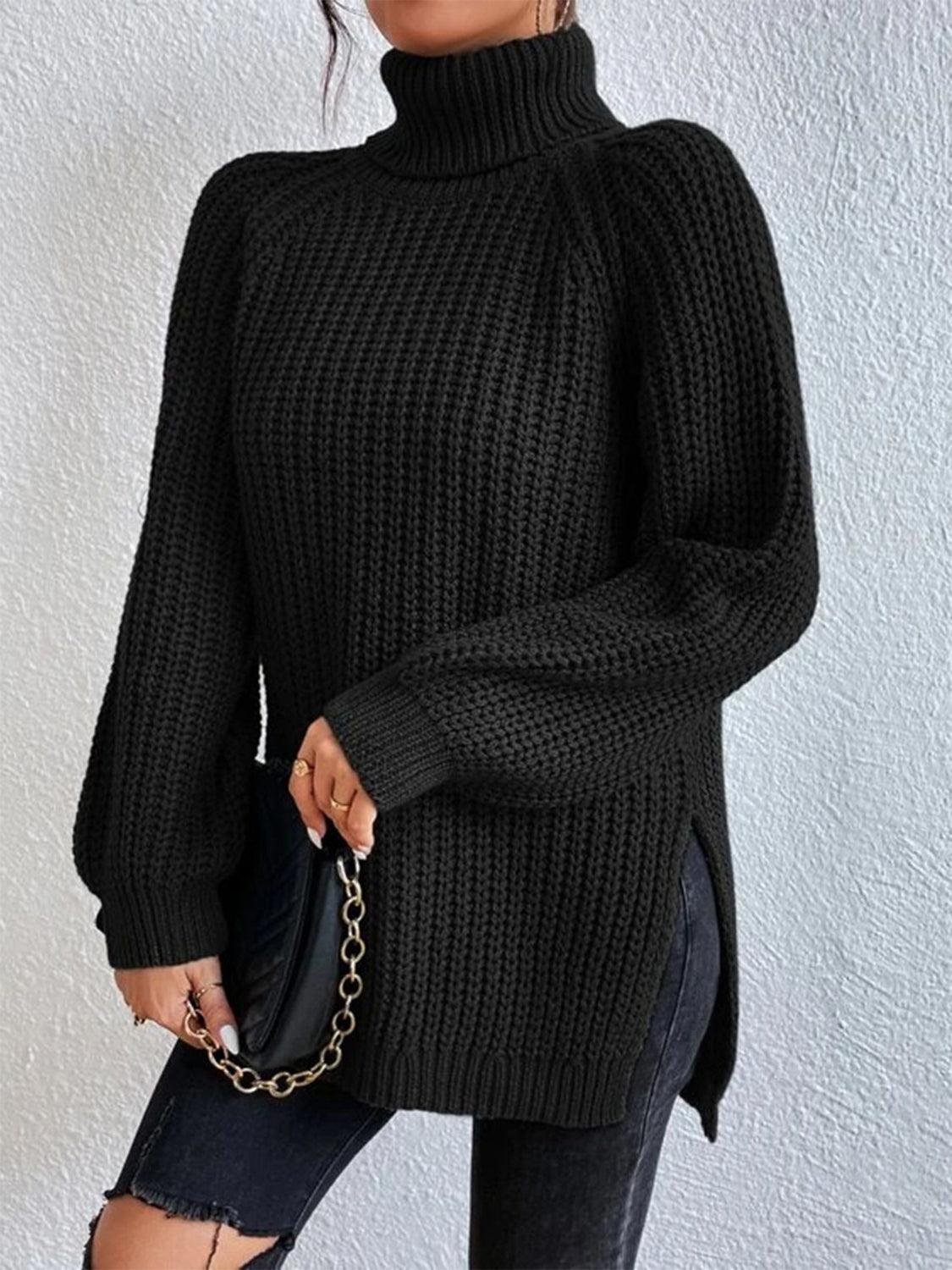 Full Size Turtleneck Slit Sweater - Lab Fashion, Home & Health