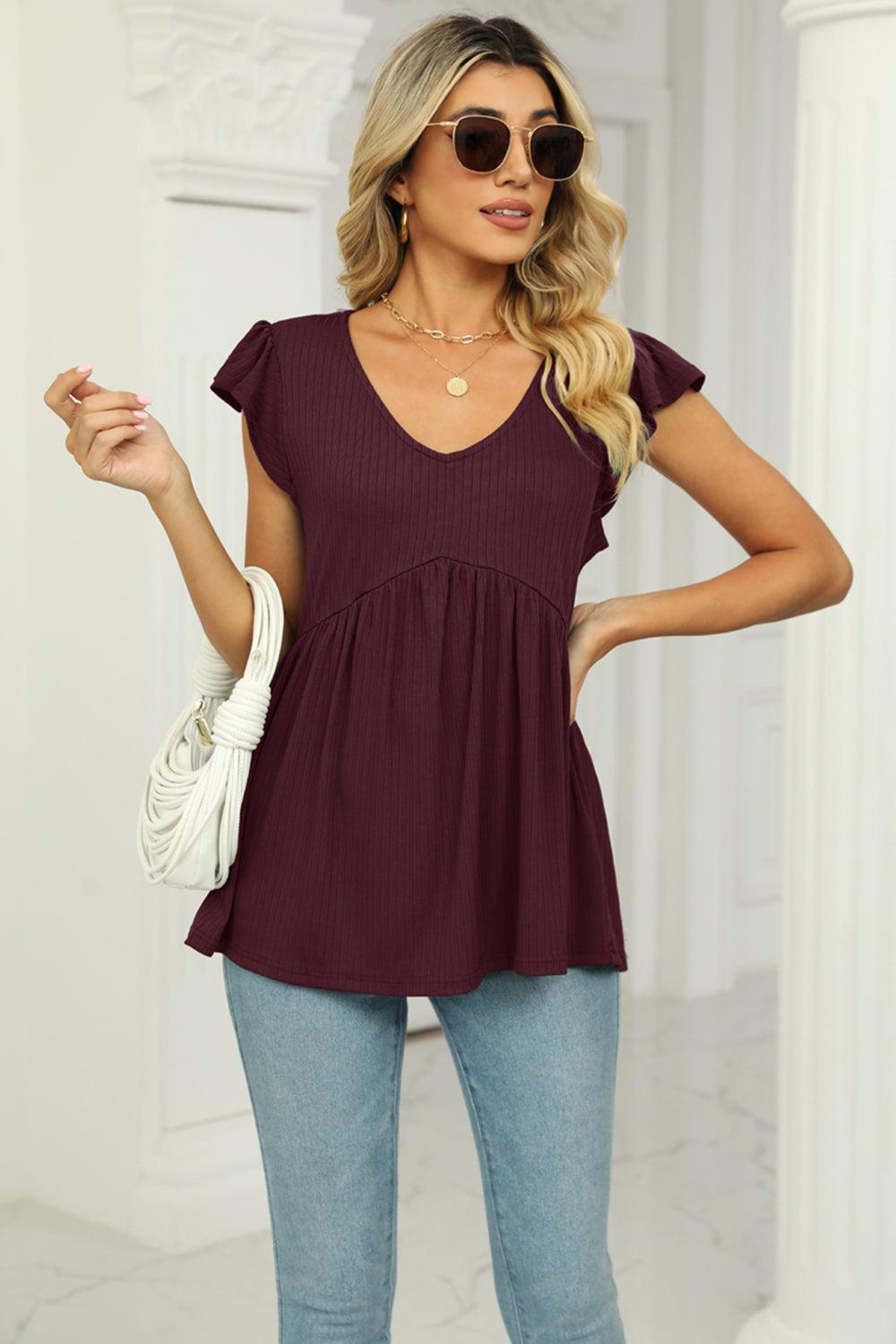 V-Neck Flutter Sleeve Babydoll Blouse - Lab Fashion, Home & Health