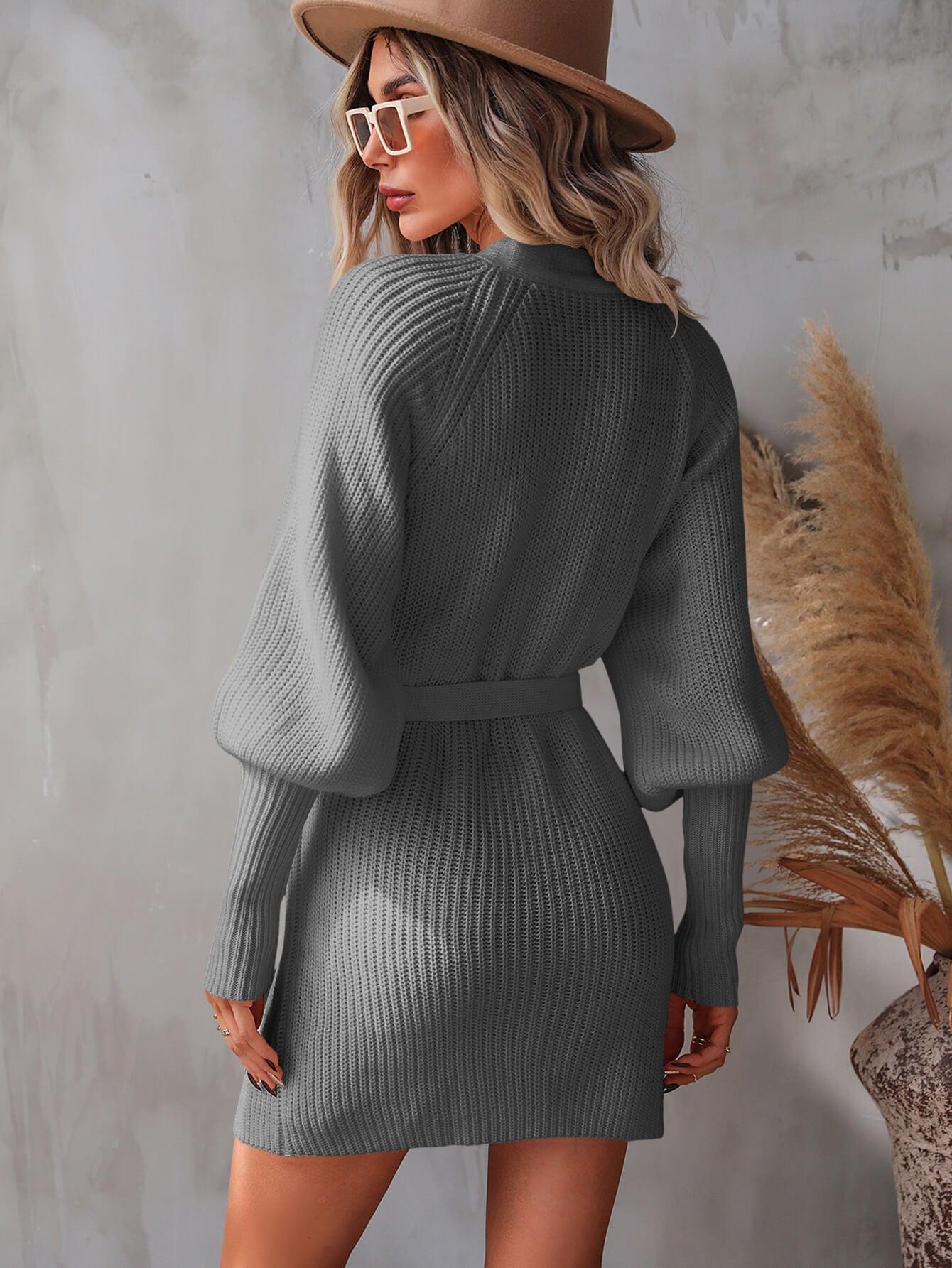 Belted Surplice Lantern Sleeve Wrap Sweater Dress - Lab Fashion, Home & Health