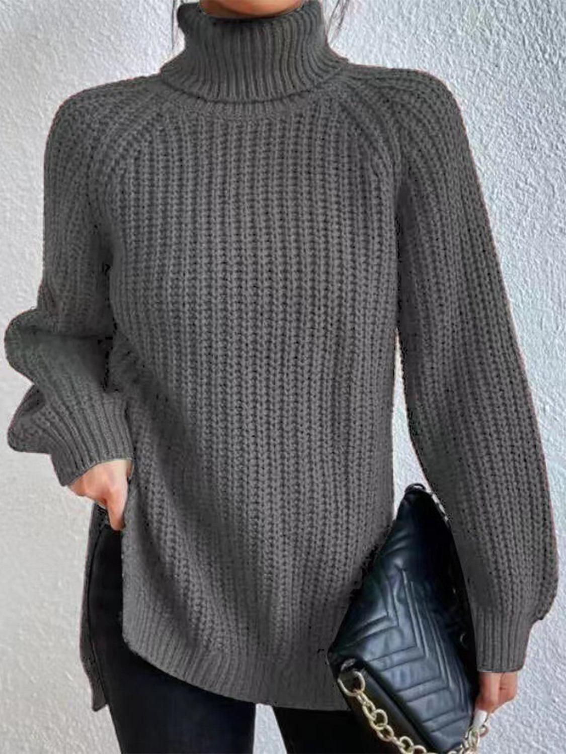 Full Size Turtleneck Slit Sweater - Lab Fashion, Home & Health