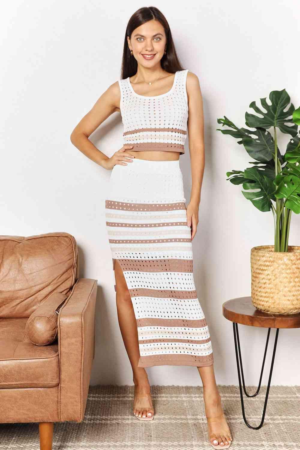 Double Take Striped Openwork Cropped Tank and Split Skirt Set - Lab Fashion, Home & Health