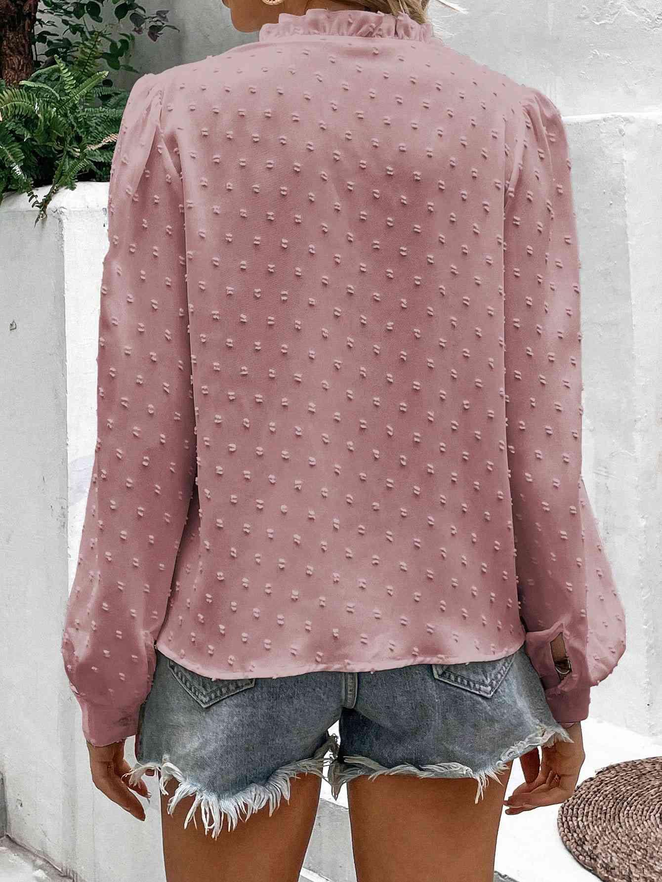 Double Take Swiss Dot Lace Trim Long Sleeve Shirt - Lab Fashion, Home & Health