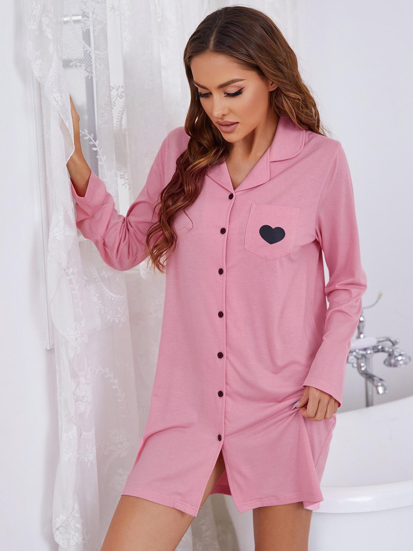 Heart Graphic Lapel Collar Long Sleeve Night Dress - Lab Fashion, Home & Health