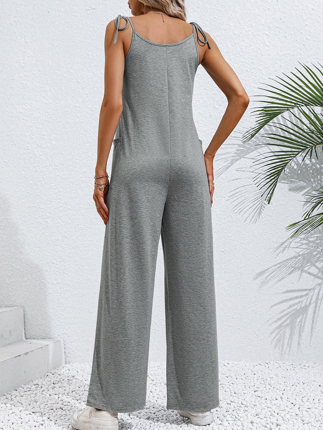 Tie-Shoulder Wide Leg Jumpsuit with Pockets - Lab Fashion, Home & Health