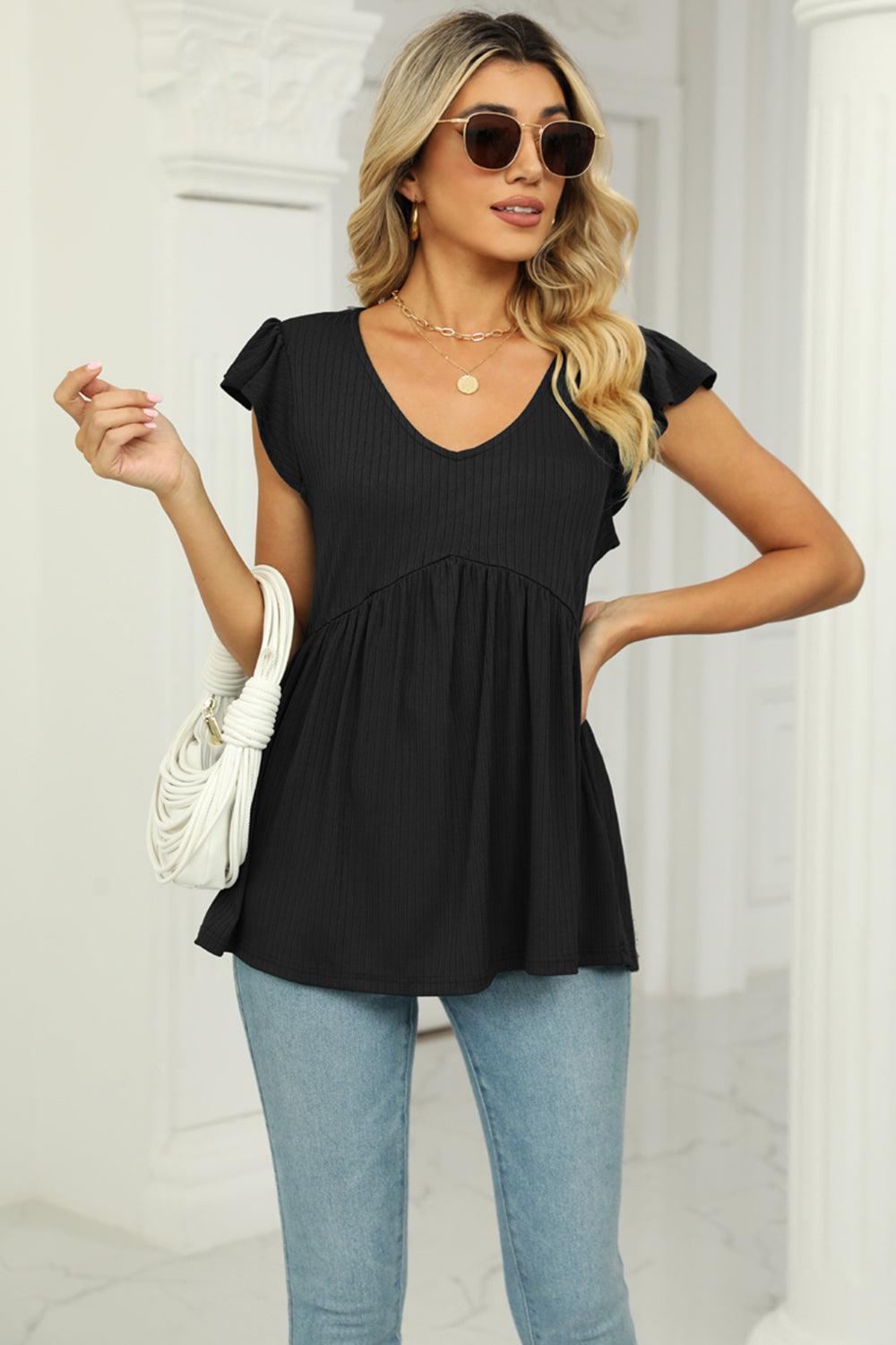 V-Neck Flutter Sleeve Babydoll Blouse - Lab Fashion, Home & Health