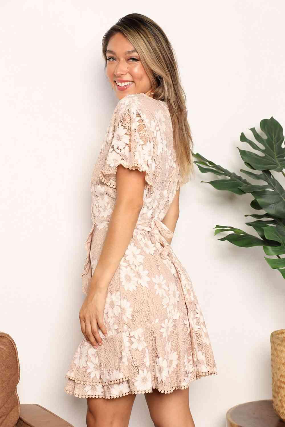 Double Take Floral Lace Pompom Detail Tie-Waist Flutter Sleeve Dress - Lab Fashion, Home & Health