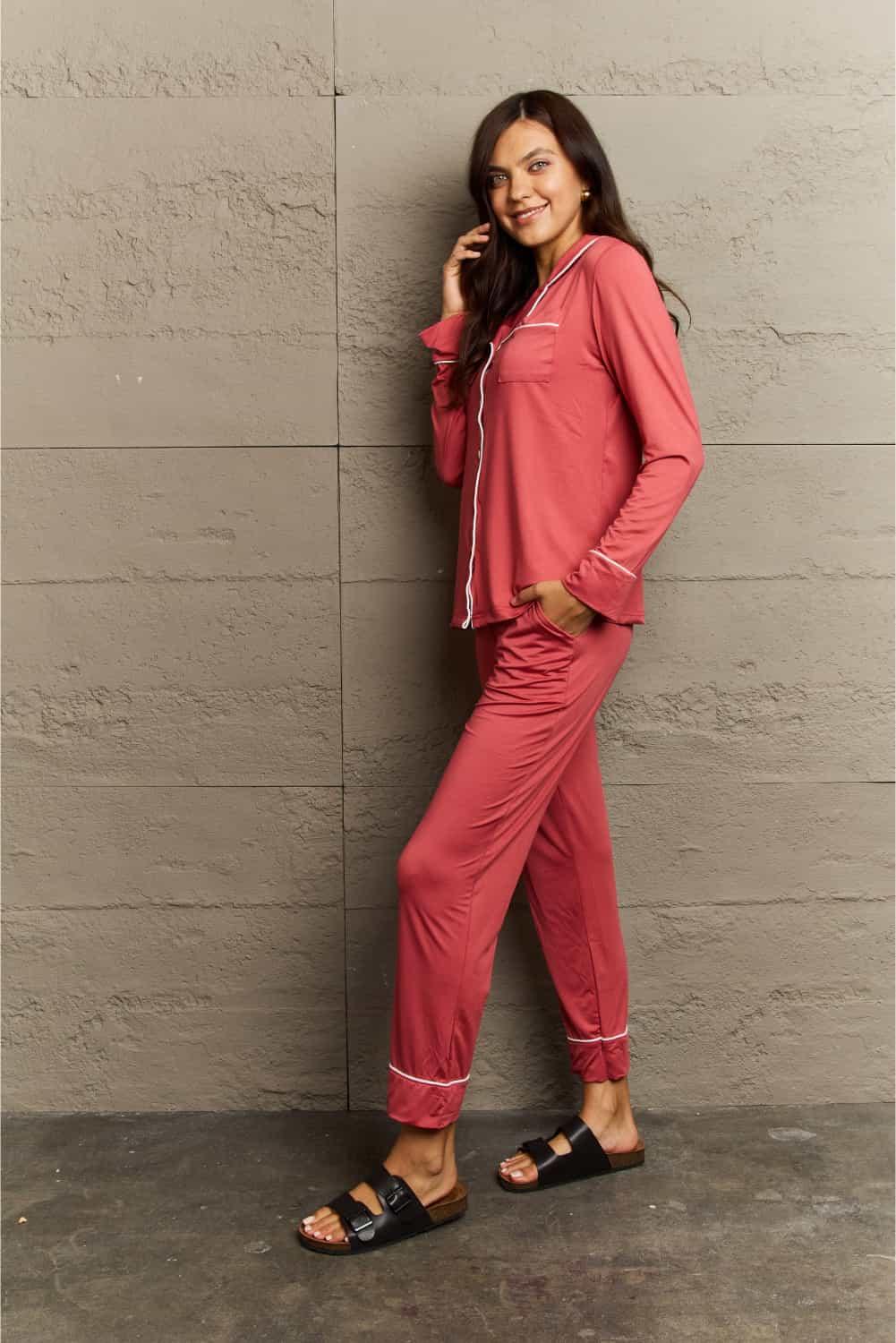Ninexis Buttoned Collared Neck Top and Pants Pajama Set - Lab Fashion, Home & Health