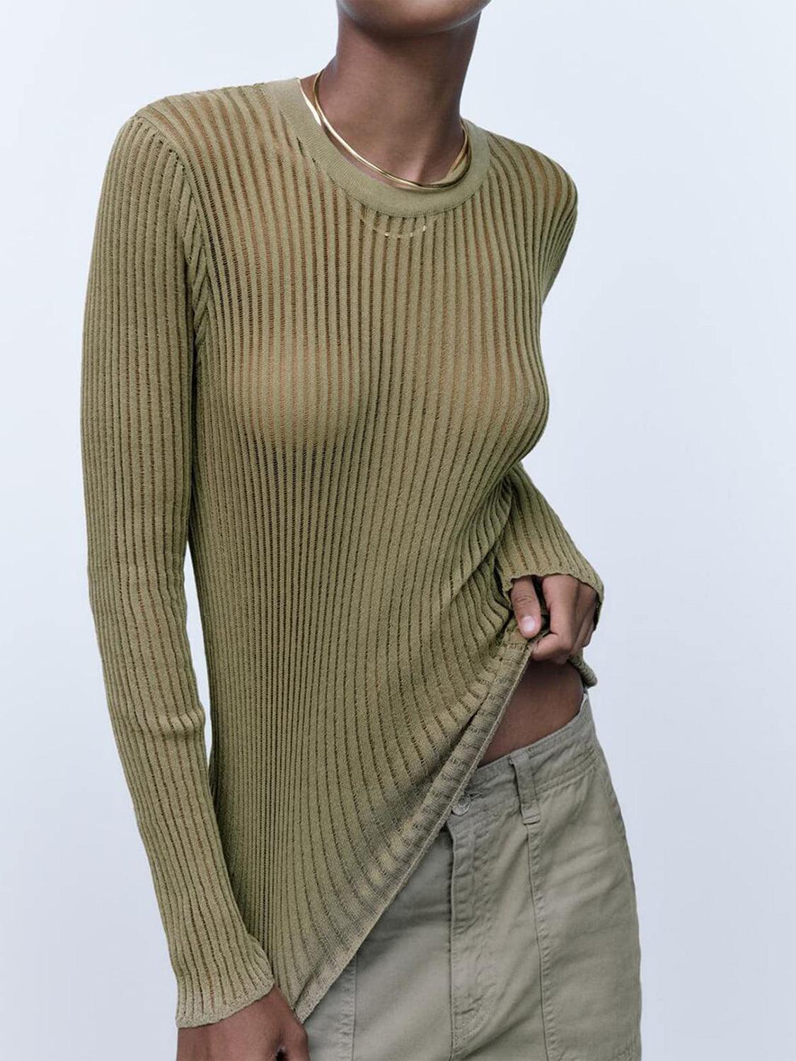 Round Neck Ribbed Knit Top - Lab Fashion, Home & Health