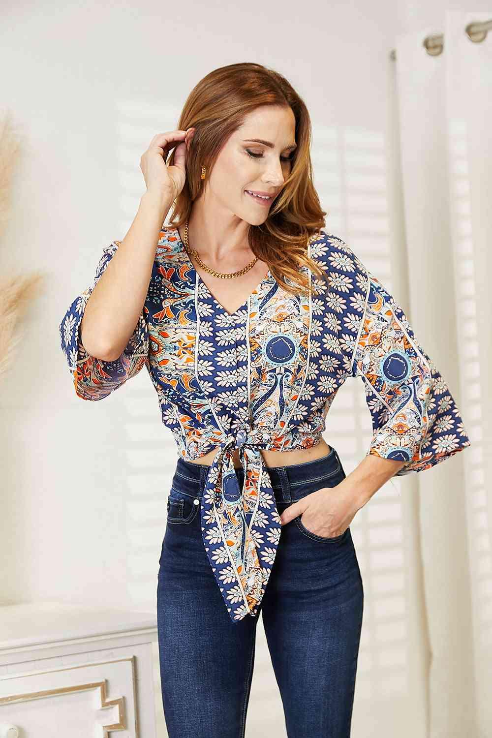 Double Take Tie Hem V-Neck Three-Quarter Sleeve Blouse - Lab Fashion, Home & Health